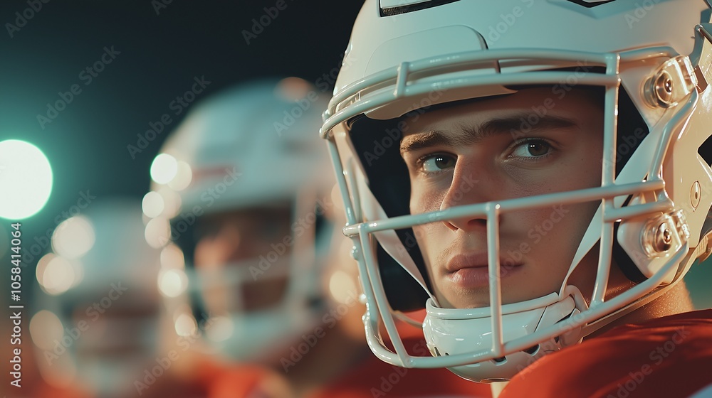 Focused Football Player in Huddle at Night Practice Focused Football Player in Huddle at Night Practice