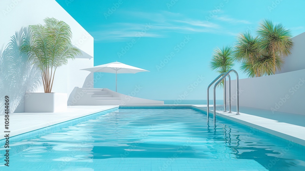 Fototapeta premium Relaxing at a Private Pool by the Beach in a Luxurious Hotel or Vacation Home, Perfect for a Calm and Rejuvenating Getaway