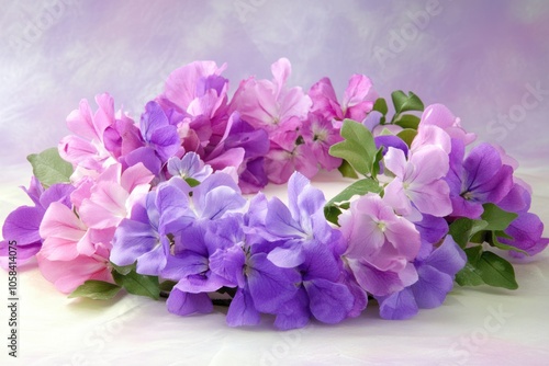 A vibrant floral wreath made of purple and pink flowers arranged in a circular shape.