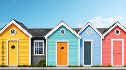 Vibrant colorful row of beach houses by the sea