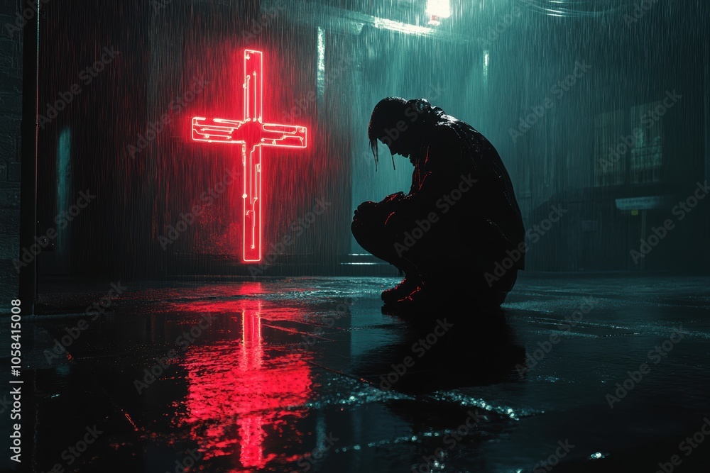 A moody and atmospheric image showing a man kneeling in the rain, silhouetted against A moody and atmospheric image showing a man kneeling in the rain, silhouetted against