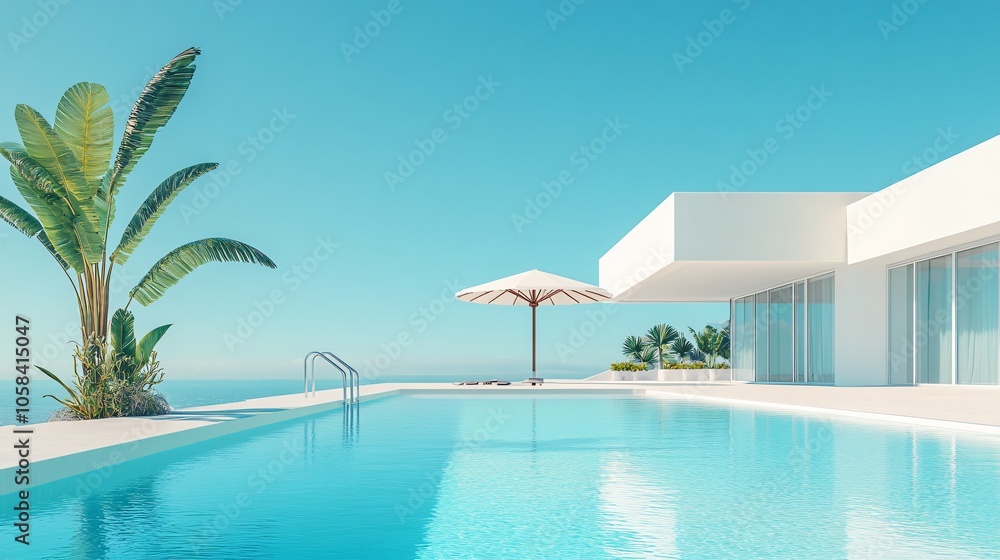 Fototapeta premium Relaxing at a Private Pool by the Beach in a Luxurious Hotel or Vacation Home, Perfect for a Calm and Rejuvenating Getaway