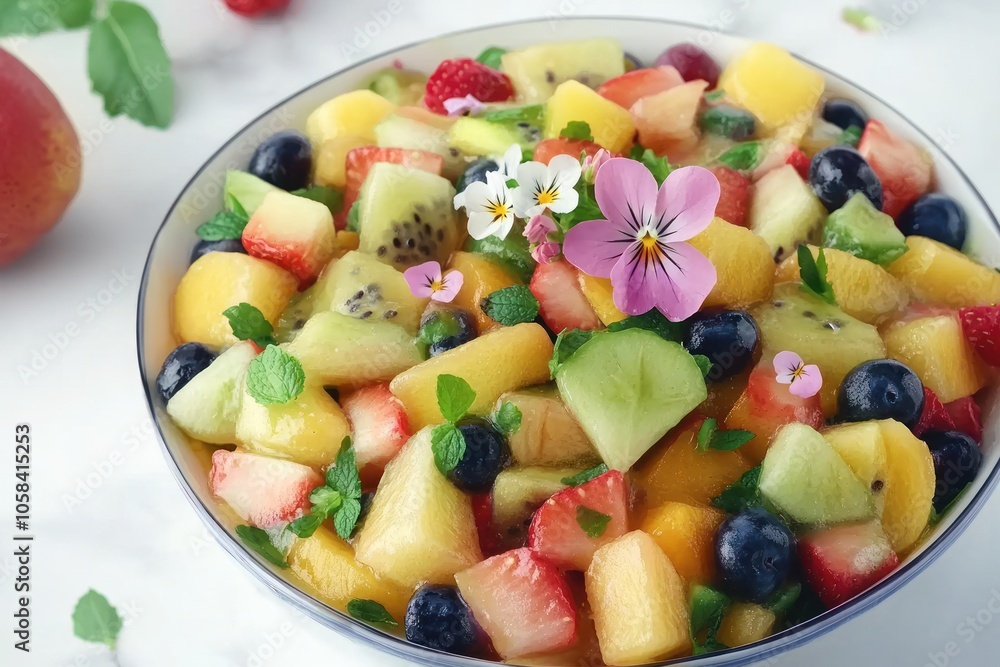 A vibrant fruit salad with various fruits and edible flowers in a bowl. A vibrant fruit salad with various fruits and edible flowers in a bowl.