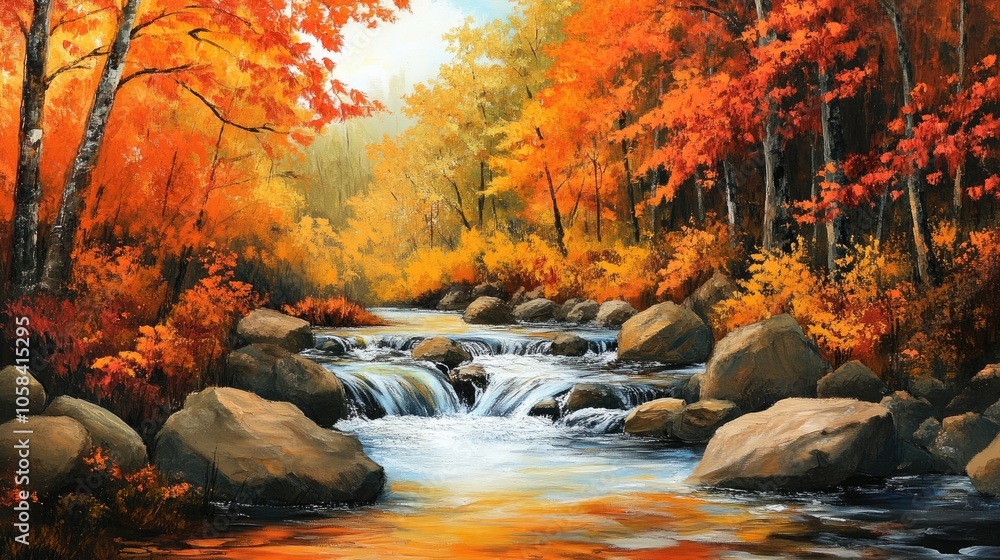 Stream flowing through a vibrant autumn forest, with rich colors reflecting the beauty of nature. The stream creates a serene atmosphere, ideal for capturing tranquil moments. Stream flowing through a vibrant autumn forest, with rich colors reflecting the beauty of nature. The stream creates a serene atmosphere, ideal for capturing tranquil moments.