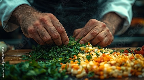 Chefs Hands Chopping Fresh Vegetables Close Up photo