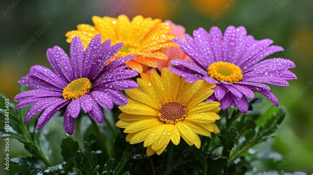 Obraz premium Vibrant Flowers with Dew Drops in a Garden Setting