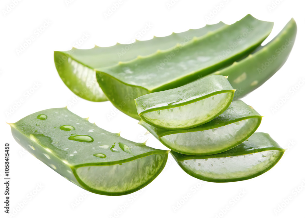 Slides, pieces of green fresh aloe vera. isolated on white background as transparent. PNG. AI GENERATED. Slides, pieces of green fresh aloe vera. isolated on white background as transparent. PNG. AI GENERATED.