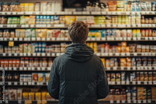 A person standing in front of fully stocked shelves in a supermarket, viewing a vast array