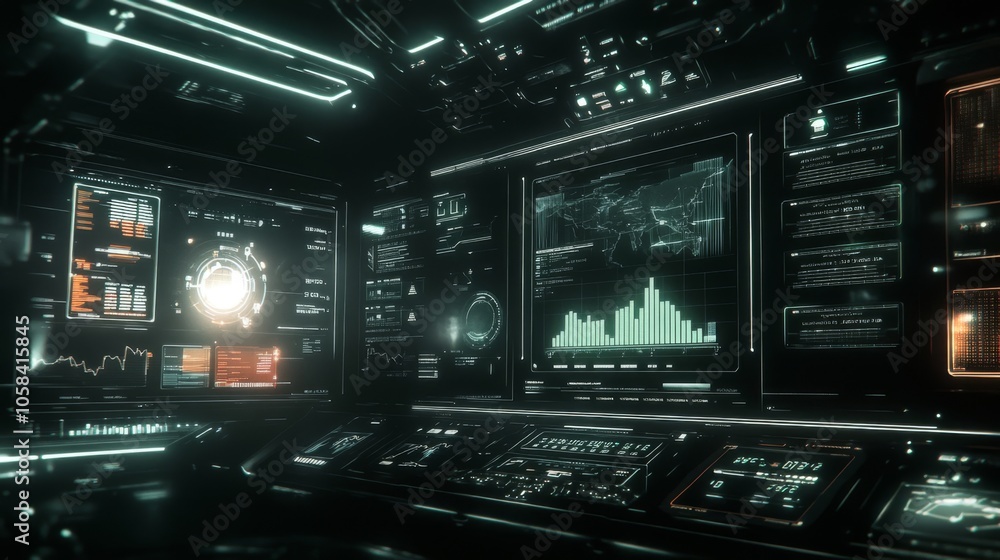 Futuristic Control Room Interior with Digital Screens Futuristic Control Room Interior with Digital Screens