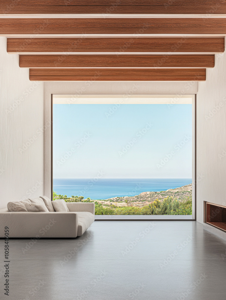 Fototapeta premium Modern interior with large window showcasing a stunning ocean view in bright daylight
