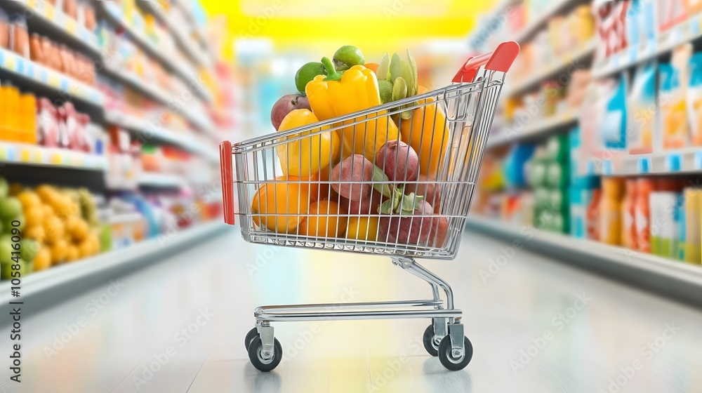 Vibrant shopping cart loaded with fresh produce and groceries Vibrant shopping cart loaded with fresh produce and groceries
