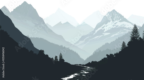 A mountain pass with distant peaks. silhouette illustration