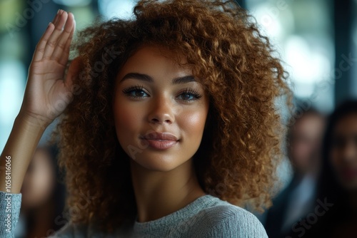 A professional woman with curly hair raises her hand during a business meeting. The atmosphere