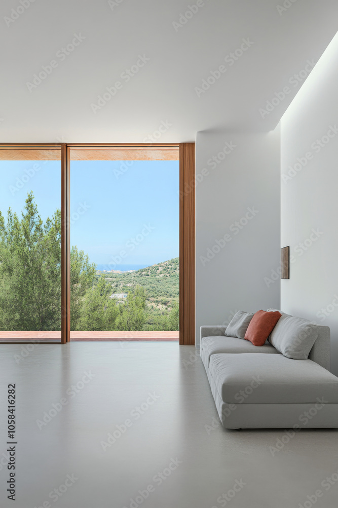 Fototapeta premium Modern living space with panoramic views of nature and a tranquil atmosphere