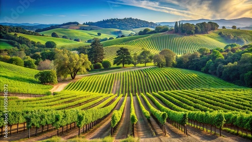 Wallpaper Mural Rolling hills of a vineyard with lush green vines and sprawling trees, vineyard landscape, rustic scenery Torontodigital.ca