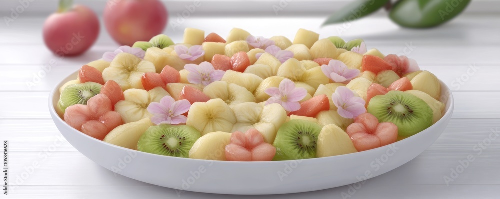 A vibrant fruit salad featuring various fruits and decorative flowers in a white bowl. A vibrant fruit salad featuring various fruits and decorative flowers in a white bowl.