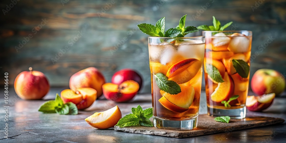 Refreshing summer iced tea infused with peach slices and mint leaves served over ice in a tall glass, peach tea, mint, brown, peach, chilled drink Refreshing summer iced tea infused with peach slices and mint leaves served over ice in a tall glass, peach tea, mint, brown, peach, chilled drink