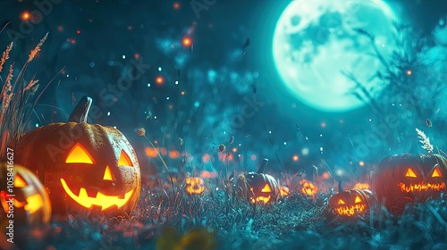 Spooky Halloween scene capturing glowing jack-o-lanterns under a luminous full moon, setting a magical and brightly illuminated atmosphere. Ideal for Halloween-themed designs with ample copy space.