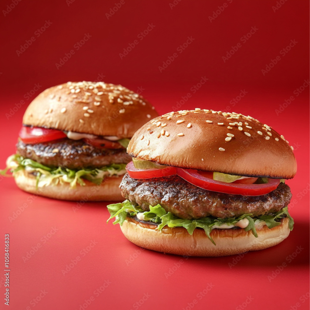 grilled beef burgers, delicious and tempting, grilled food, red empty background grilled beef burgers, delicious and tempting, grilled food, red empty background