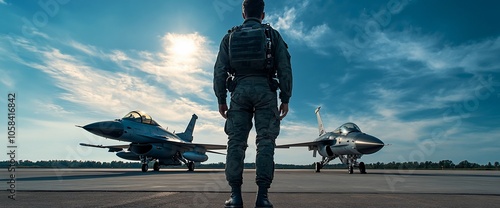 A pilot stands in front of two fighter jets on a runway. photo