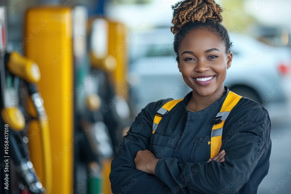 A smiling gas station attendant with arms crossed stands confidently in front of fuel pumps A smiling gas station attendant with arms crossed stands confidently in front of fuel pumps