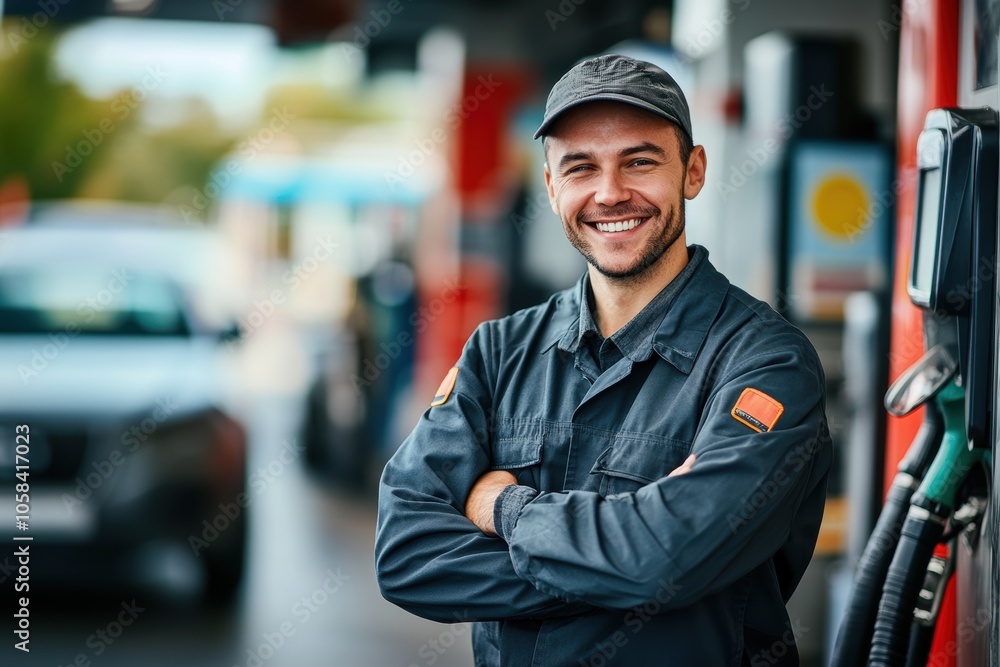 A smiling gas station attendant with arms crossed stands confidently in front of fuel pumps A smiling gas station attendant with arms crossed stands confidently in front of fuel pumps