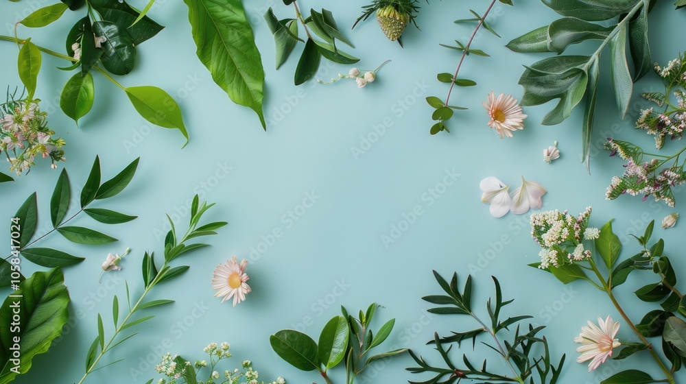 Top view of foliage and flowers on light blue backdrop for product display. Top view of foliage and flowers on light blue backdrop for product display.