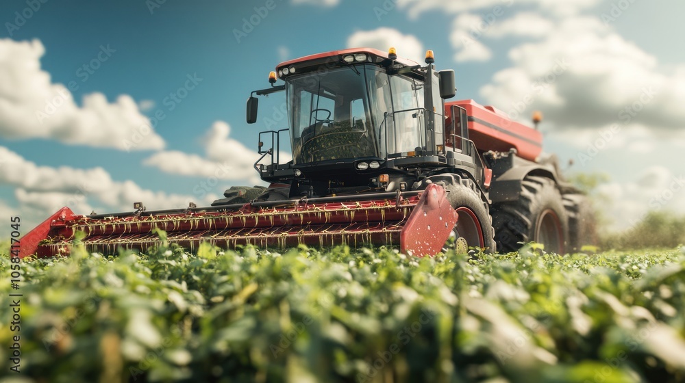 Fototapeta premium Red Tractor Harvesting in a Field