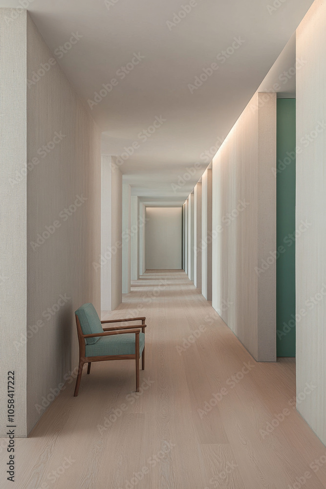 Fototapeta premium Minimalist hallway with a single chair creating a serene and inviting atmosphere