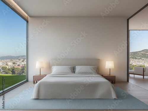 Modern bedroom with large windows showcasing stunning views of the city skyline and nature