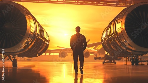 Silhouette of an aerospace engineer walking through an aircraft hangar at sunrise framed by the powerful jet engines of the aircraft  The scene conveys a sense of futuristic technology progress