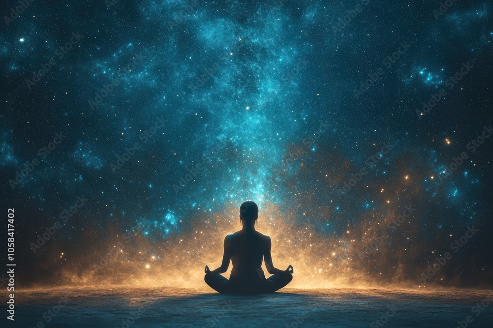 A solitary figure sits cross-legged on the ground, meditating in deep peace beneath an expansive A solitary figure sits cross-legged on the ground, meditating in deep peace beneath an expansive