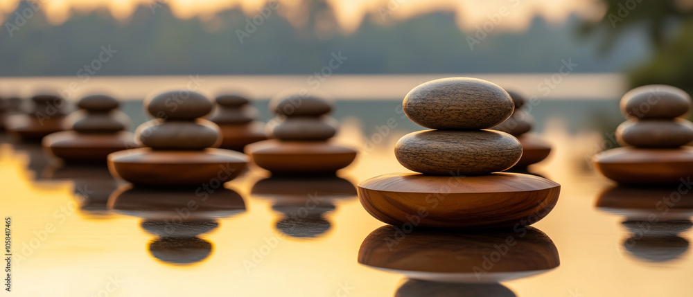 Stacked Stones on Wooden Discs Reflecting in Water at Sunset. Stacked Stones on Wooden Discs Reflecting in Water at Sunset.