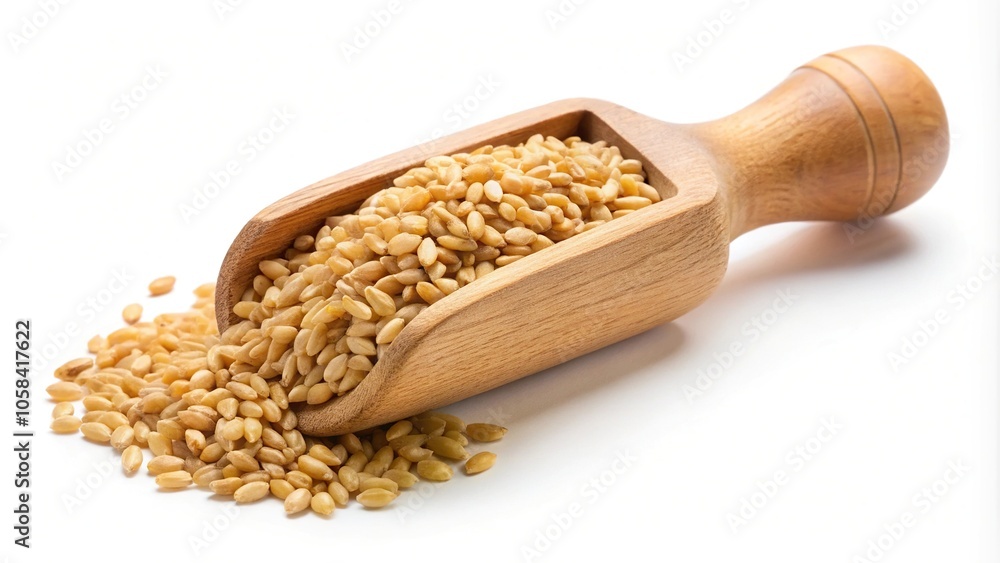 Grains of khorasan wheat or kamut triticum turgidum in wooden scoop isolated on white background Grains of khorasan wheat or kamut triticum turgidum in wooden scoop isolated on white background