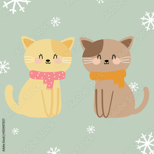 Hand drawing cartoon cat sticker set. cute animal with winter drawing, doodle set