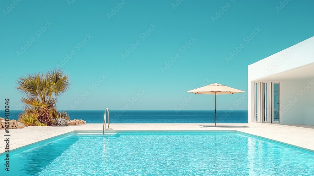 Fototapeta premium Relaxing at a Private Pool by the Beach in a Luxurious Hotel or Vacation Home, Perfect for a Calm and Rejuvenating Getaway