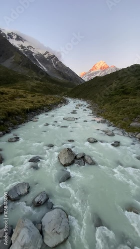 Beautiful landscape view of Mount cook over the hooker river at Hooker valley walking track, Mount Cook National Park, New Zealand 