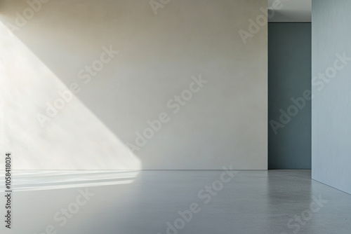 Minimalist interior showcasing sunlight casting shadows on bare walls in a modern space