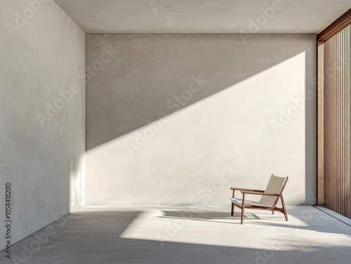 A minimalist interior with a single chair bathed in natural light during the afternoon