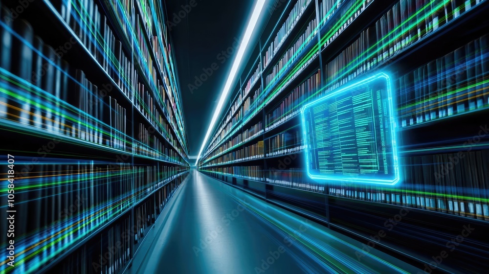 Naklejka premium Futuristic data storage library with glowing elements and shelves, digital concept.