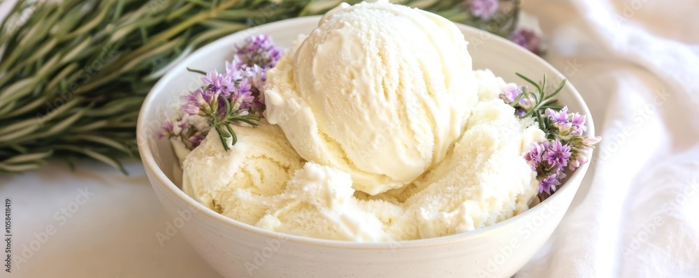 A bowl of creamy vanilla ice cream garnished with herbs and flowers. A bowl of creamy vanilla ice cream garnished with herbs and flowers.