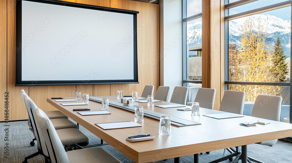Modern conference room with a large table, comfortable chairs, and a projector screen, designed for productive meetings and teamwork. Modern conference room with a large table, comfortable chairs, and a projector screen, designed for productive meetings and teamwork.