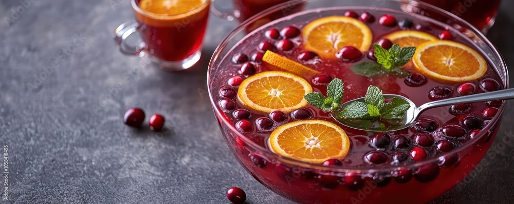 A holiday punch bowl filled with a vibrant mix of cranberry juice, orange slices, and fresh mint, with a ladle ready for serving into festive cups. A holiday punch bowl filled with a vibrant mix of cranberry juice, orange slices, and fresh mint, with a ladle ready for serving into festive cups.