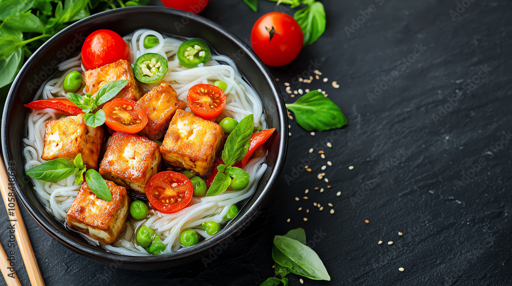 Delicious vietnamese rice noodle soup with crispy fried tofu and fresh vegetables Delicious vietnamese rice noodle soup with crispy fried tofu and fresh vegetables