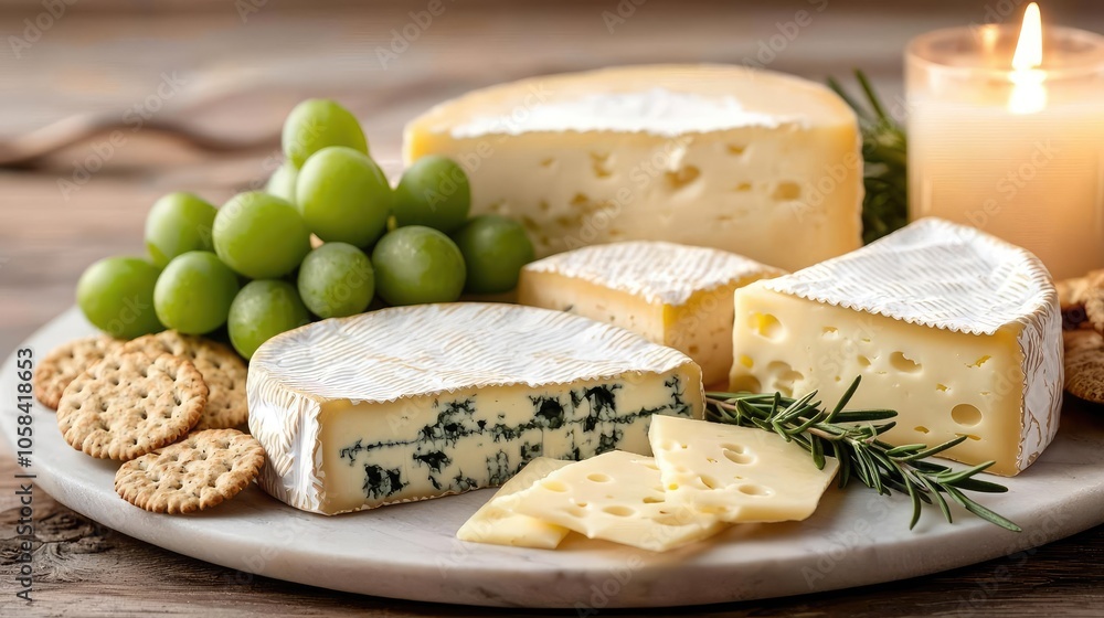 A delicious cheese platter featuring various cheeses, grapes, and crackers. A delicious cheese platter featuring various cheeses, grapes, and crackers.