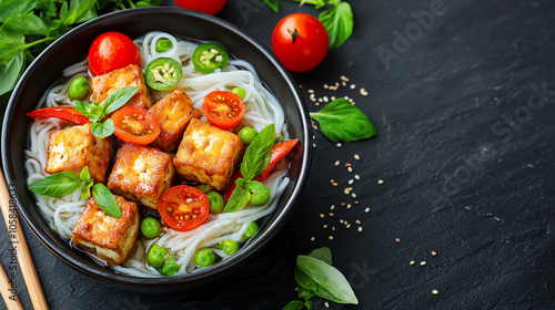 Delicious vietnamese rice noodle soup with crispy fried tofu and fresh vegetables