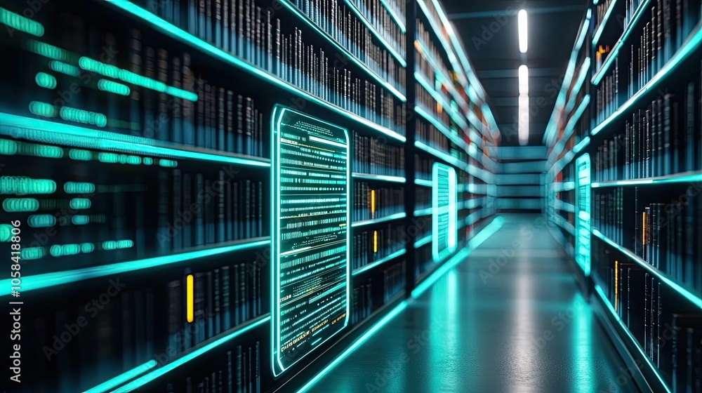 Futuristic library with glowing bookshelves and digital elements, high-tech atmosphere. Futuristic library with glowing bookshelves and digital elements, high-tech atmosphere.