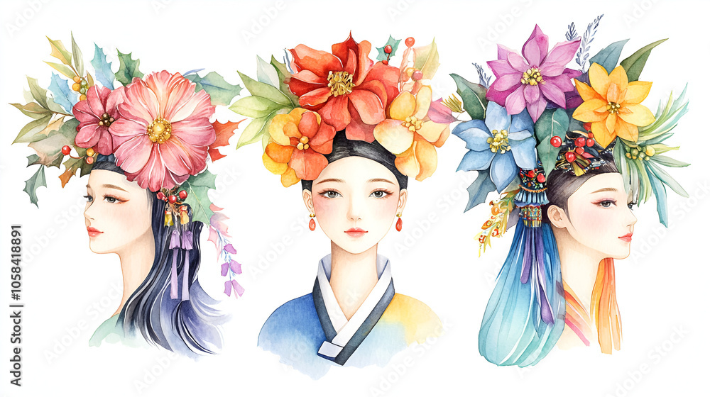 Naklejka premium Watercolor illustration of three women in Korean traditional clothing adorned with flower crowns, capturing the elegance and artistry of traditional Korean culture.