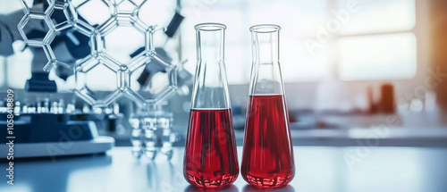 Two Flasks with Red Liquid in a Laboratory.