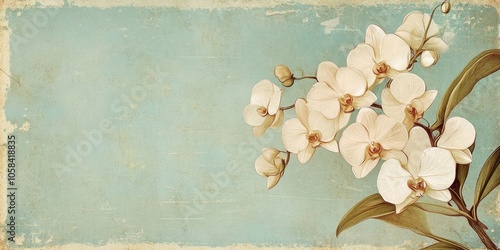 A classic postcard design showcases elegant white orchids, highlighting their beauty in a vintage style that captures the charm of a bygone era.